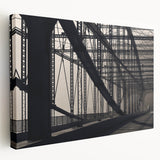 Panoramic view of the Pittsburgh skyline in muted gray and blue tones on a large stretched canvas.