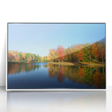 Art deco poster of a Pennsylvania scenery in muted green and blue tones, framed in white acrylic.