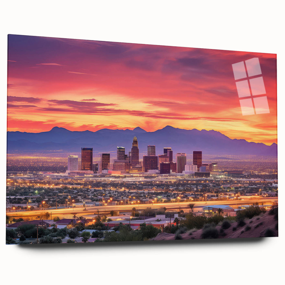 Large abstract wall art of Phoenix valley in muted earth tones on acrylic glass, ideal for bedroom or dining room decor.