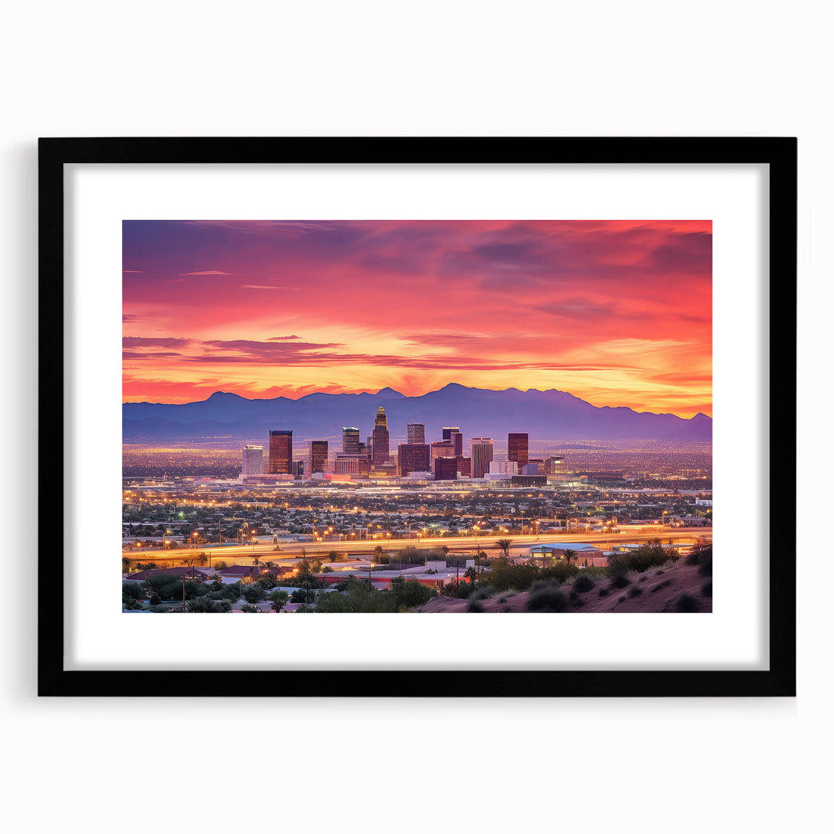 Extra large textured abstract art print of colorful Phoenix valley, framed in black, ideal for living room decor.