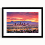 Extra large textured abstract art print of colorful Phoenix valley, framed in black, ideal for living room decor.