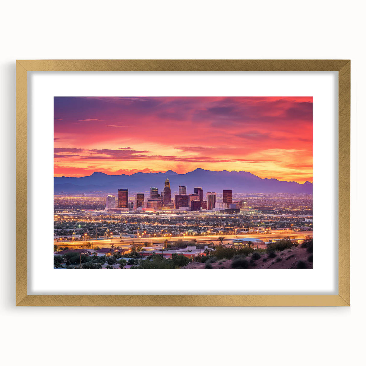 Extra large abstract art print of Phoenix Valley in textured hues of orange and gold, framed with a mat in a gold frame.