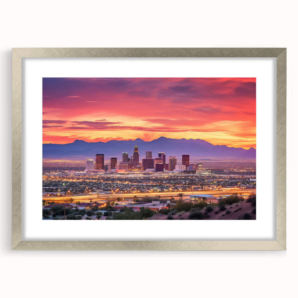 Textured abstract art print of Phoenix valley in muted brown tones, framed in silver, suitable for bedroom ambiance.