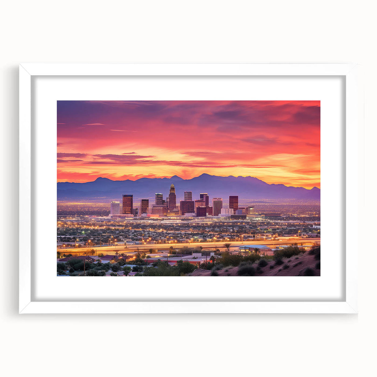 Abstract art print of Phoenix valley in muted earth tones on a framed white mat, ideal for dining room decor.