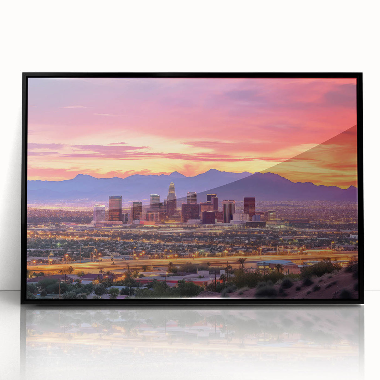 Large abstract wall art of Phoenix valley in muted earth tones, framed in black acrylic, suitable for modern art wall decor.