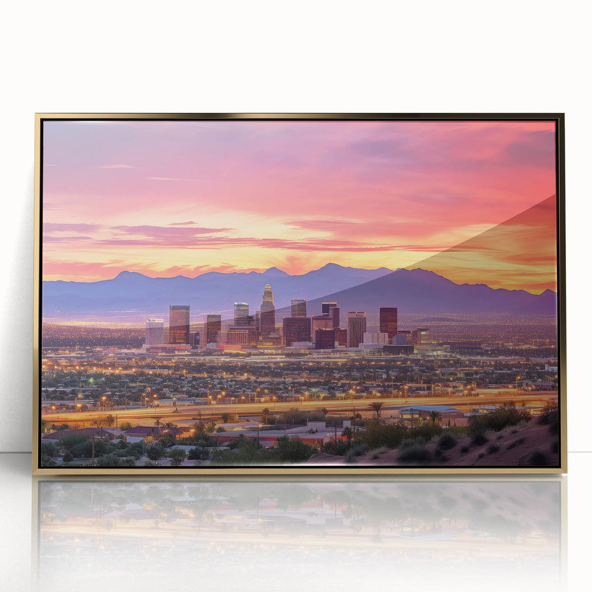 Large art print of Phoenix Valley in muted earth tones on a framed acrylic.