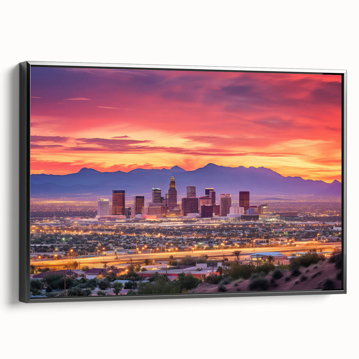 Black and white framed canvas of Phoenix valley landscape, ideal for bedroom wall art.