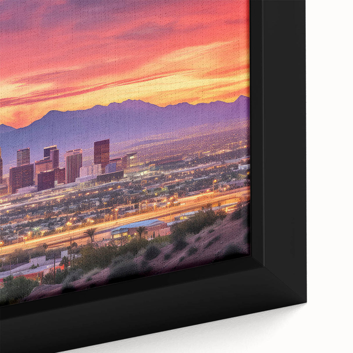 Extra large framed canvas featuring a textured depiction of the Phoenix valley in black with colorful accents.
