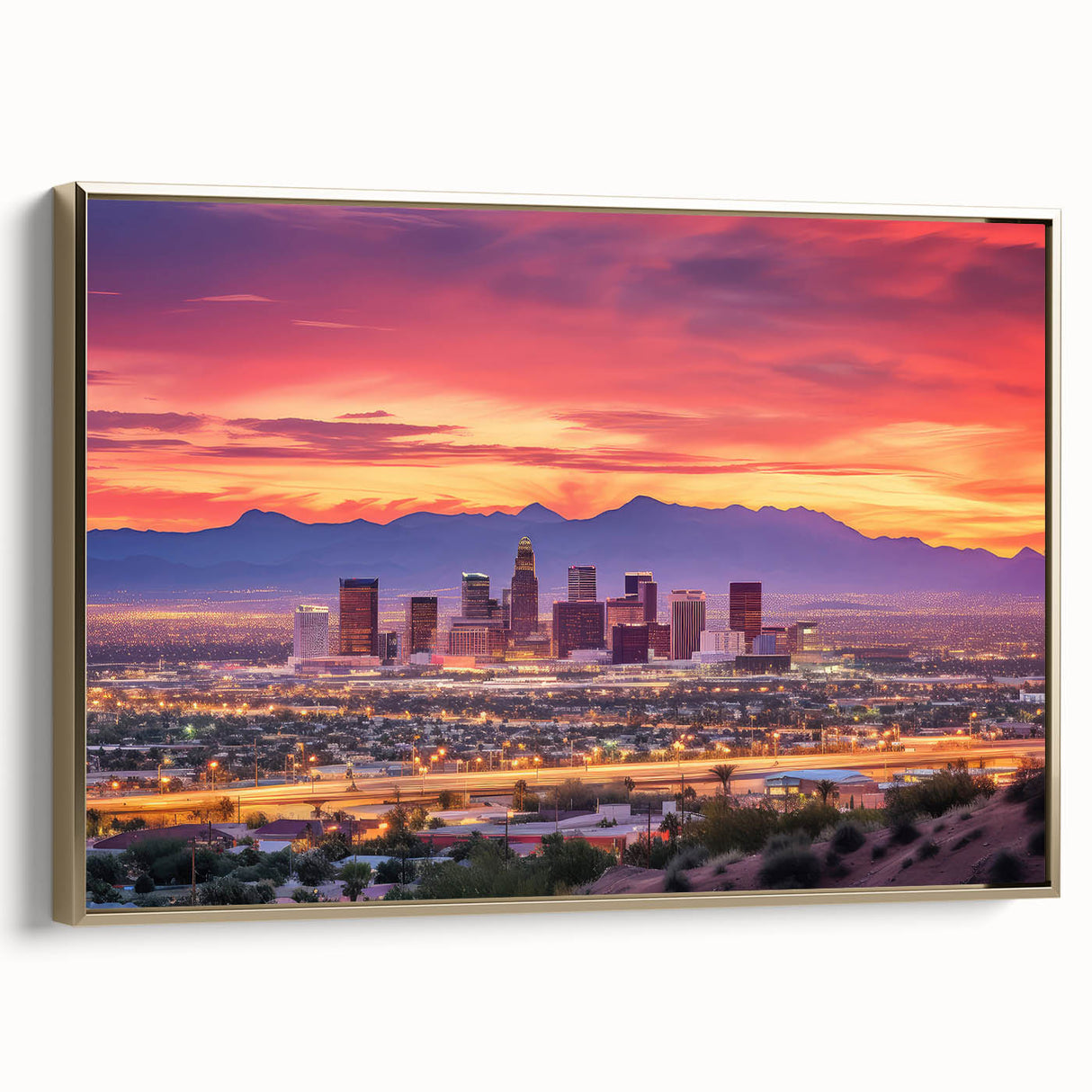 Framed canvas depicting a vintage-style landscape of the Phoenix valley in muted gold and black tones.