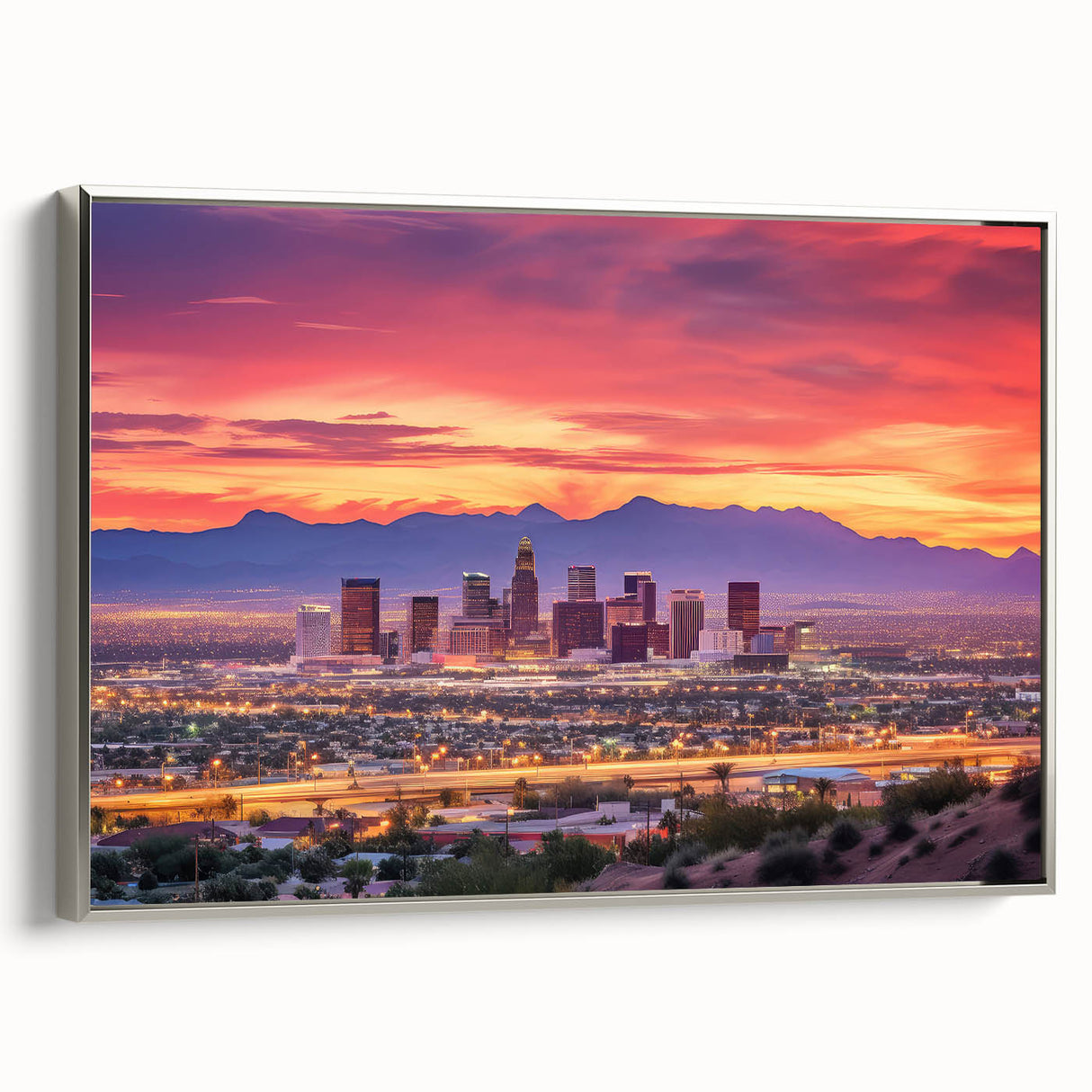 Landscape painting of Phoenix valley in muted earth tones on a framed canvas, ideal for living room decor.