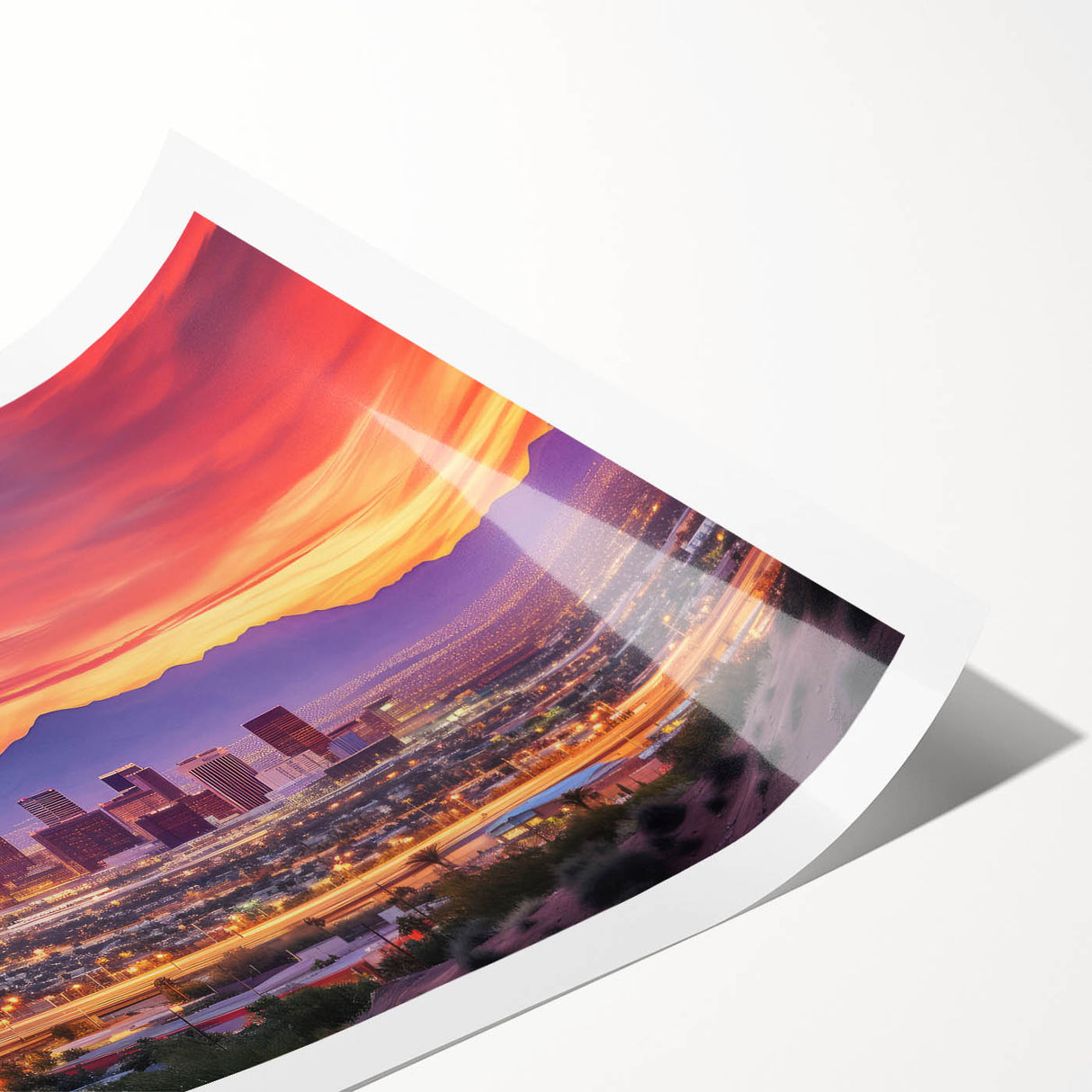 Extra large rolled print featuring line art flowers in a Phoenix valley scene, in muted earth tones.