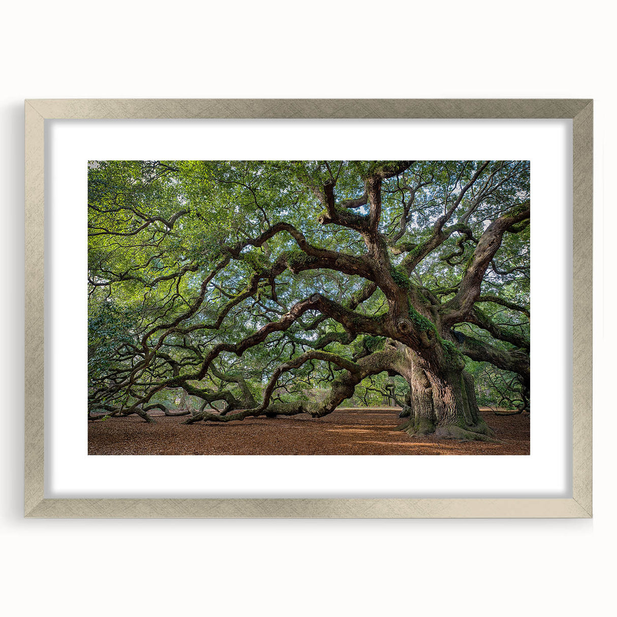 Textured abstract art print of Charleston scenery in muted earth tones, framed in silver, ideal for bedroom wall decor.