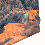 Mid-century modernist style large abstract art print of South Dakota Badlands in muted earth tones on acrylic glass.