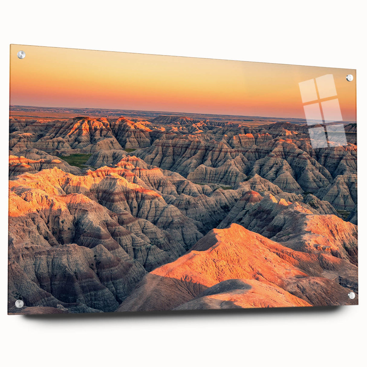 Acrylic print of South Dakota Badlands with muted earth tones, ideal for dining room art.