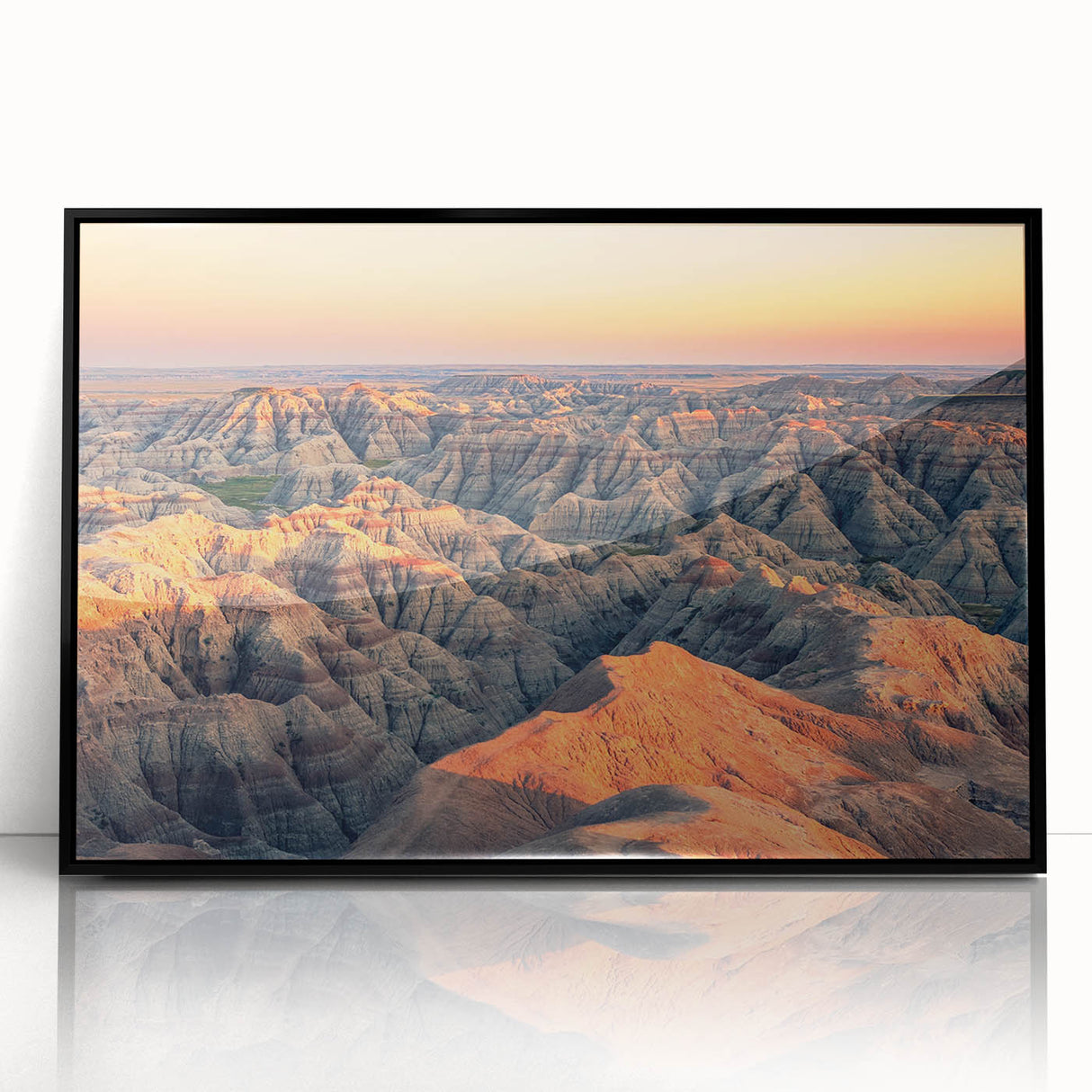 Large abstract wall art of South Dakota Badlands in muted earth tones on a black framed acrylic, suitable for modern decor.