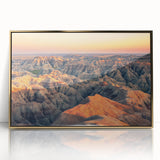 Mid-century modernist art of South Dakota Badlands in a gold-framed acrylic, featuring earthy tones.