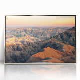 Mid-century modernist art of South Dakota Badlands in silver framed acrylic, featuring muted earth tones.