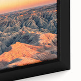 Extra large framed canvas of textured, colorful art depicting South Dakota Badlands, ideal for living room decor.