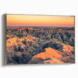 Landscape art painting of South Dakota Badlands on a framed canvas, featuring muted earth tones, ideal for living room decor.