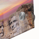 Acrylic print of Mt. Rushmore in muted earth tones, ideal for dining room art in a mid-century modernist style.