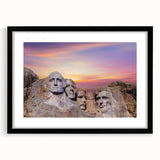 Colorful art print of Mt. Rushmore in vibrant hues on a textured, framed canvas, ideal for living room decor.