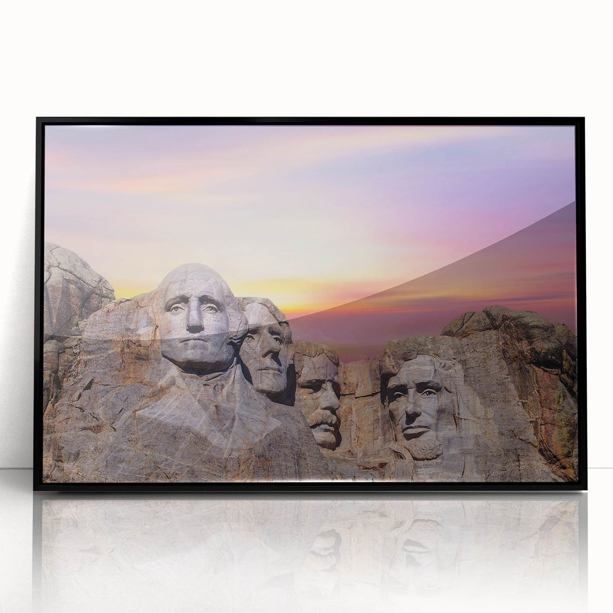 Framed acrylic print of Mt. Rushmore in grayscale tones, suitable for modern art wall decor.