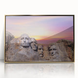 Acrylic print of Mt. Rushmore with a gold frame, featuring muted earth tones, ideal for modern art wall decor.
