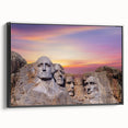 Black and white framed canvas of Mt. Rushmore, ideal for bedroom wall art, featuring a vintage poster art style.