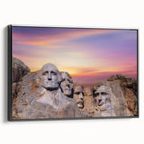 Black and white framed canvas of Mt. Rushmore, ideal for bedroom wall art, featuring a vintage poster art style.