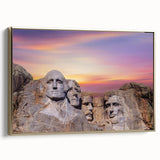 Framed canvas wall art featuring a black and gold vintage poster of Mt. Rushmore landscape, ideal for bedroom decor.