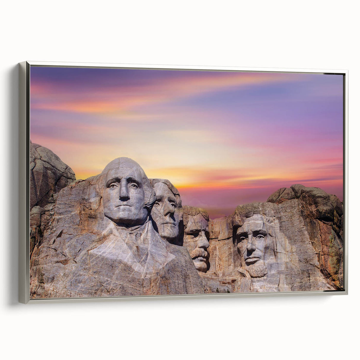 Framed canvas depicting a grayscale Mt. Rushmore landscape, ideal for adding a historical touch to office spaces.