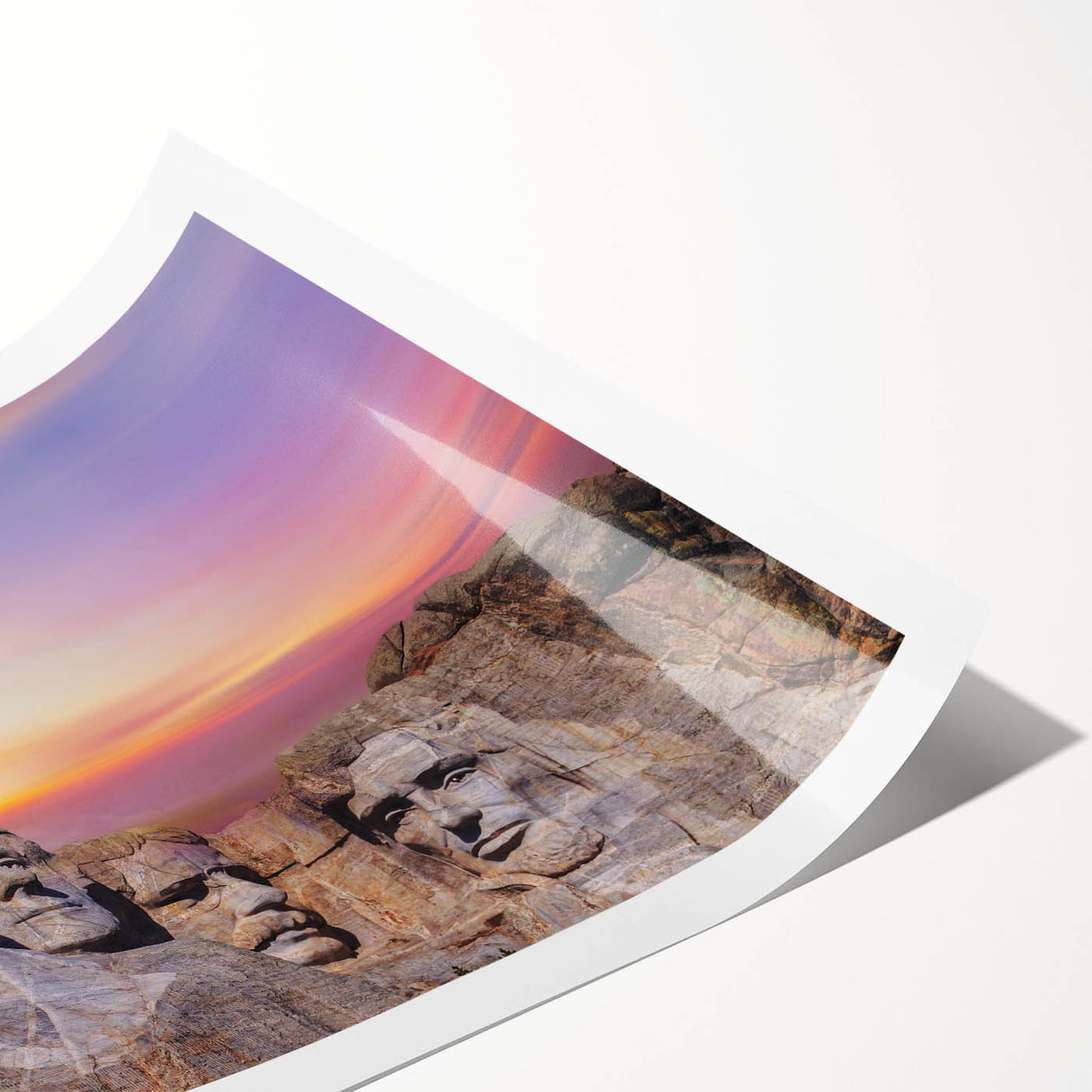 Extra large wall art of Mt. Rushmore in muted earth tones on a rolled canvas, suitable for large living room walls.