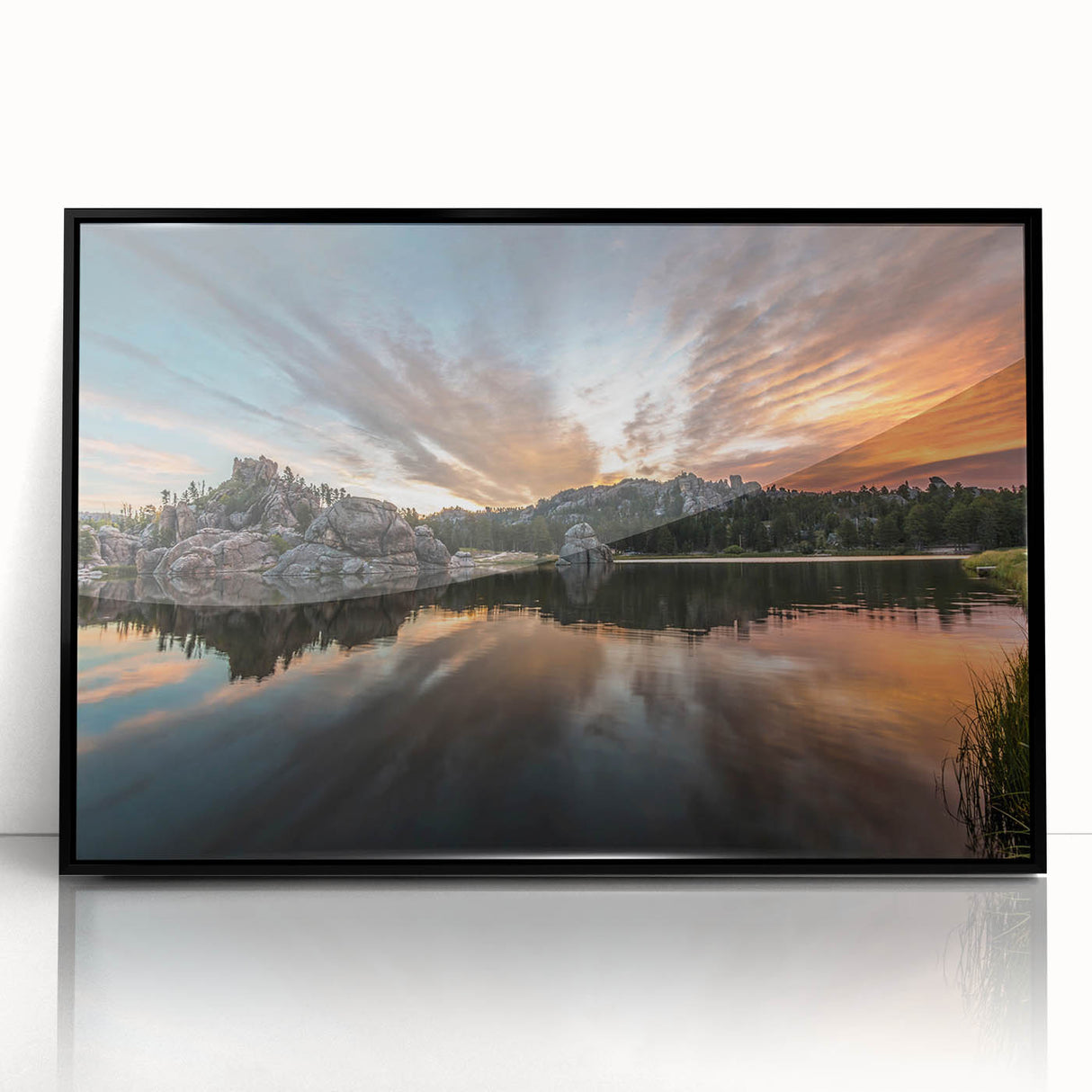 Large abstract wall art depicting South Dakota scenery in muted earth tones on a black framed acrylic.
