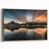 Framed canvas landscape art of South Dakota scenery in black and gold tones, suitable for bedroom decor.
