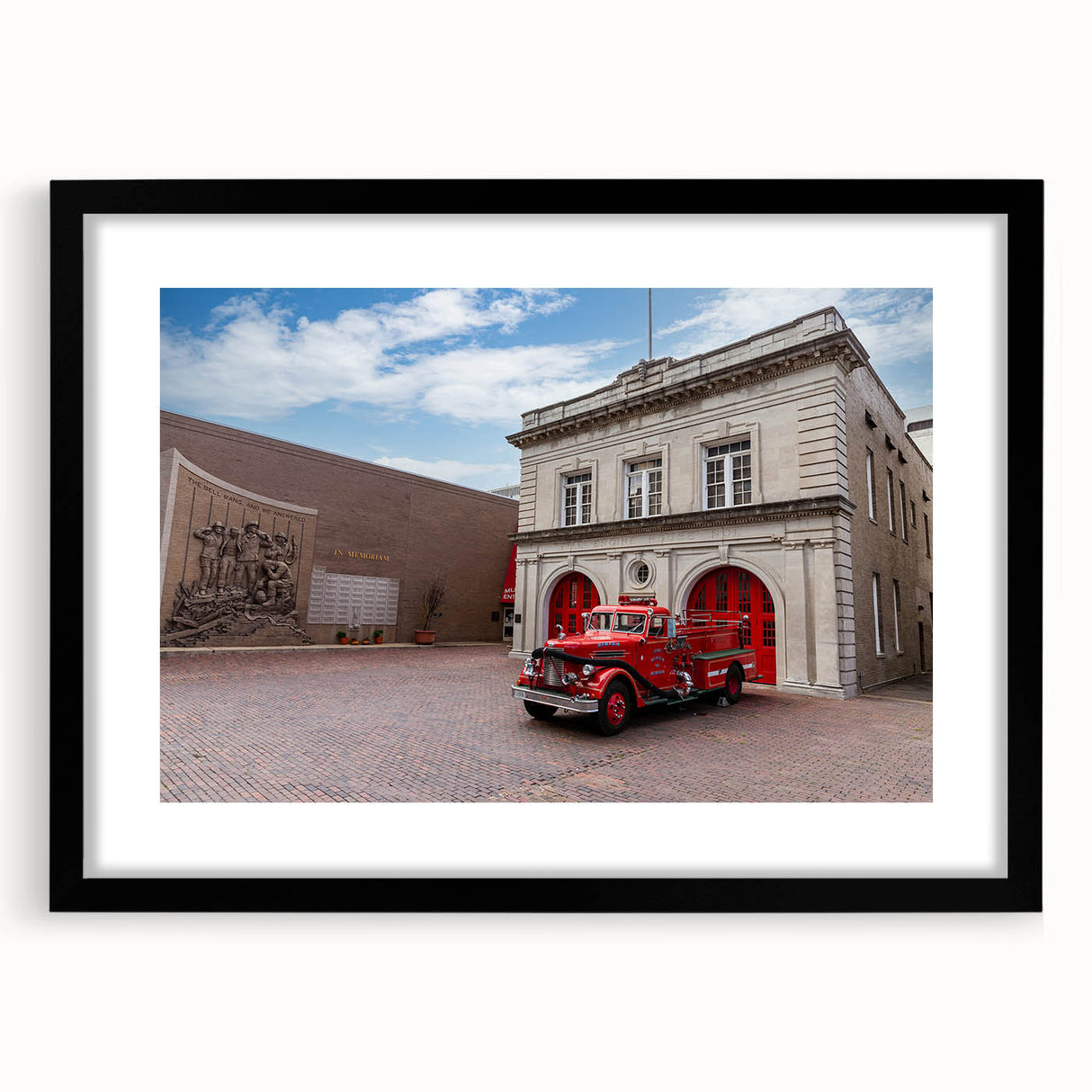 Abstract art print of Memphis scenery in vibrant colors on a large framed canvas, suitable for living room decor.