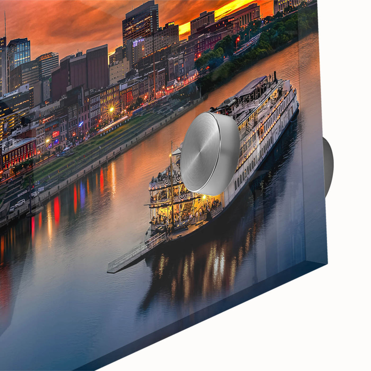 Large abstract depiction of Nashville skyline in muted earth tones on acrylic glass, suitable for dining room art.