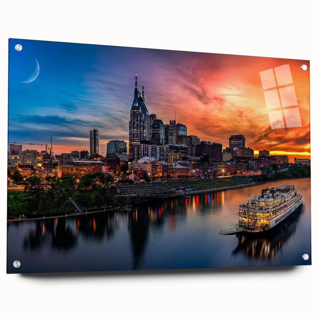 Acrylic print of the Nashville skyline in muted gray and blue tones, suitable for bedroom or dining room decor.