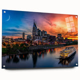 Acrylic print of the Nashville skyline in muted gray and blue tones, suitable for bedroom or dining room decor.
