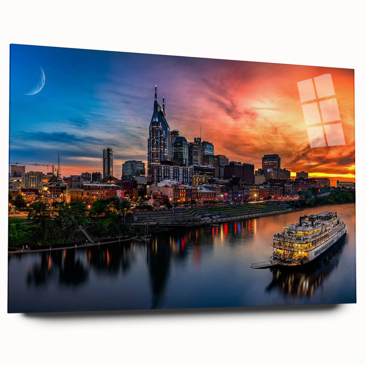 Acrylic print of Nashville skyline in muted tones, suitable as large bedroom or dining room art.