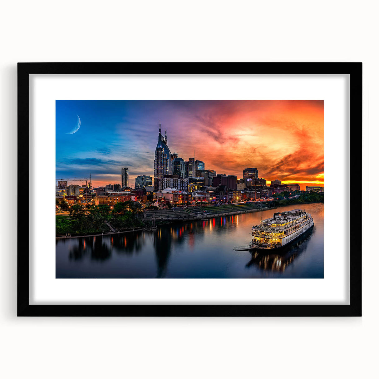 Colorful abstract art print of Nashville skyline in vibrant hues on a large framed canvas, ideal for living room decor.