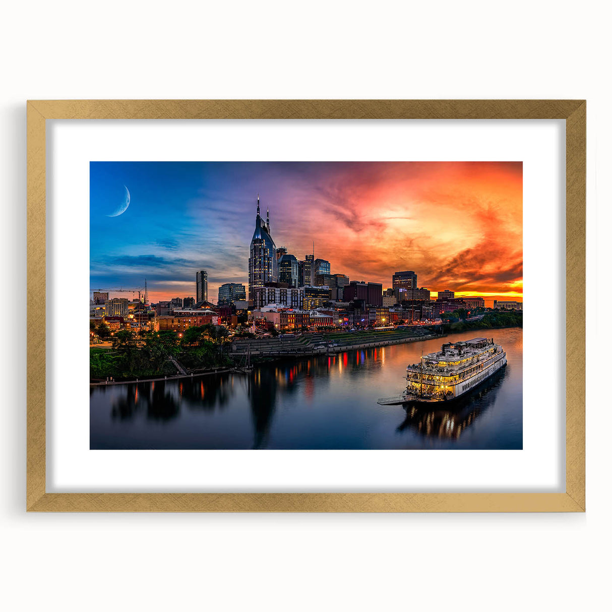 Extra large abstract art print of Nashville skyline in textured gold frame, ideal for living room decor.