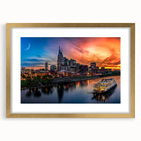 Extra large abstract art print of Nashville skyline in textured gold frame, ideal for living room decor.