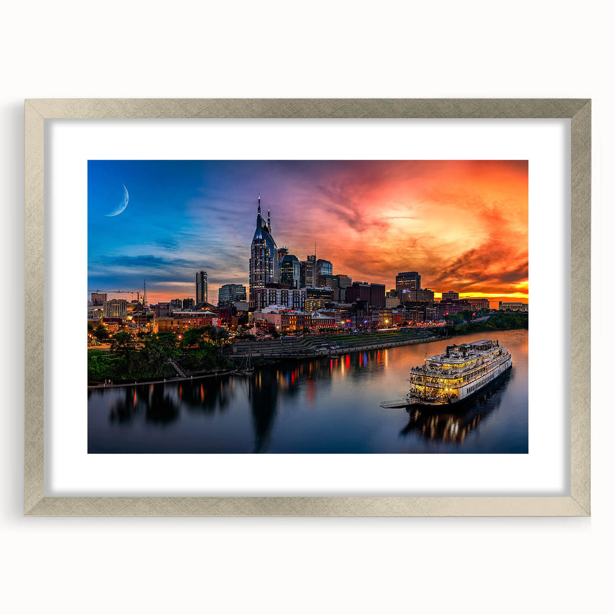 Textured abstract art print of Nashville skyline in silver frame, ideal for modern bedroom ambiance.