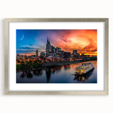 Textured abstract art print of Nashville skyline in silver frame, ideal for modern bedroom ambiance.