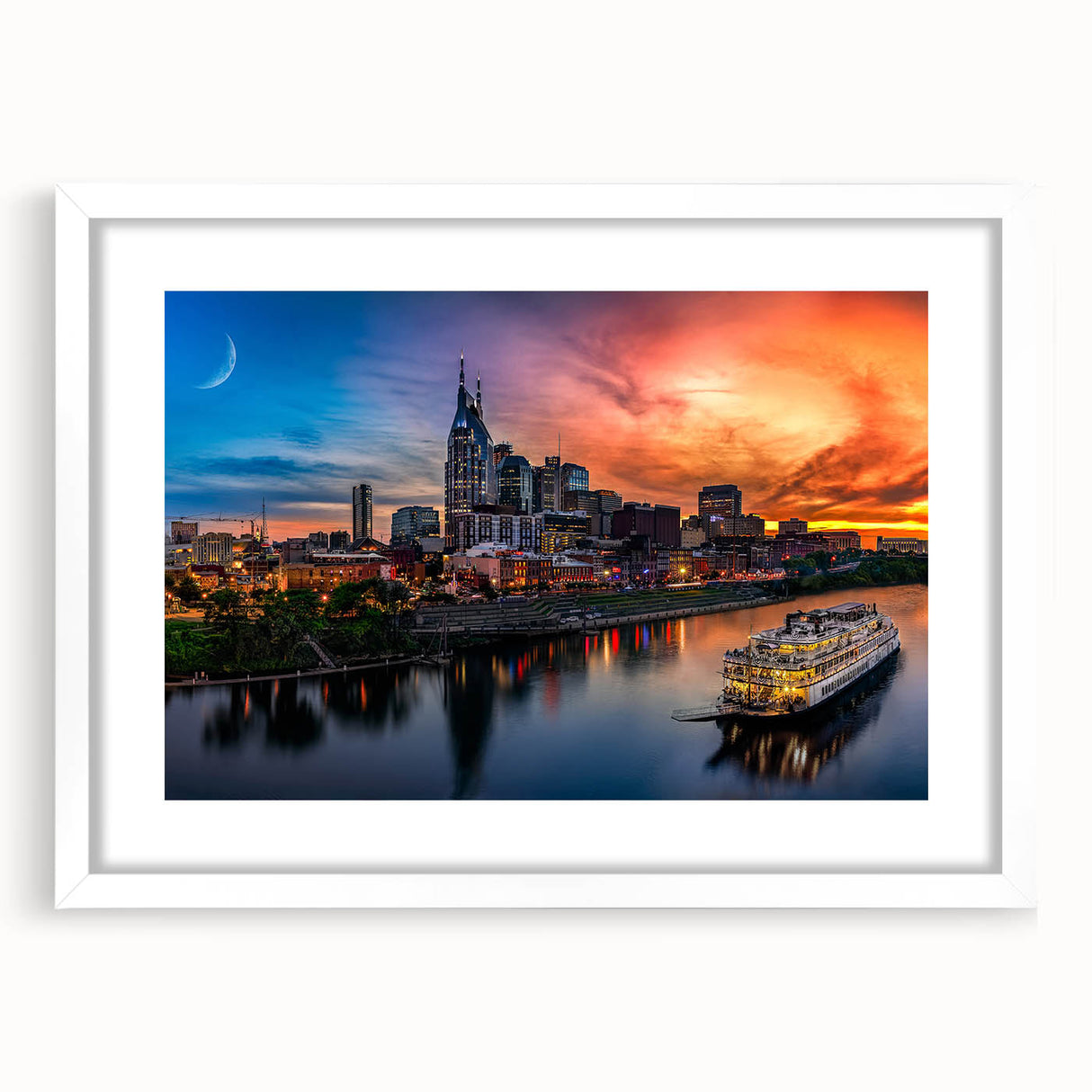 Abstract art print of Nashville skyline in muted gray and blue tones on a framed white mat, ideal for dining room decor.