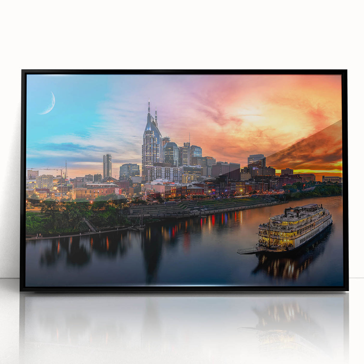 Large abstract wall art depicting the Nashville skyline in muted gray and blue tones, framed in black acrylic.