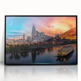 Large abstract wall art depicting the Nashville skyline in muted gray and blue tones, framed in black acrylic.