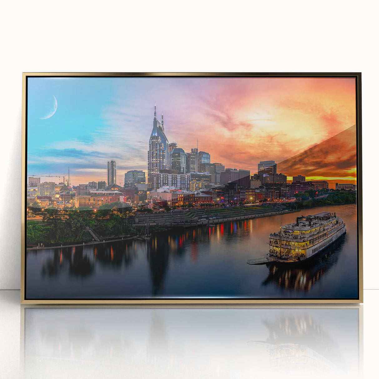 Mid-century modernist art of Nashville skyline in muted gold, acrylic framed print, suitable for modern art wall decor.