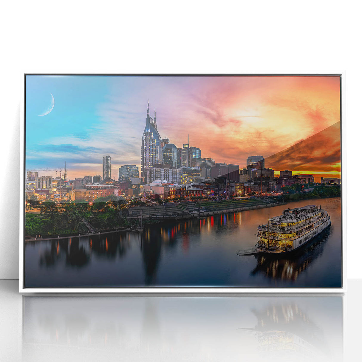 Art deco poster of Nashville skyline in muted gray and blue tones on framed acrylic, suitable for modern art wall decor.