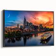 Black and white wall art featuring a vintage poster-style landscape of Nashville, Tennessee on framed canvas.